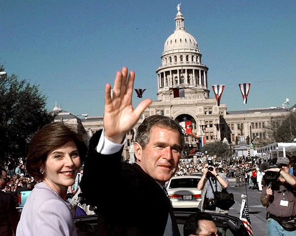 George W Bush: 19 January 1999: Texas Governor George W Bush, and his wife Laura ride