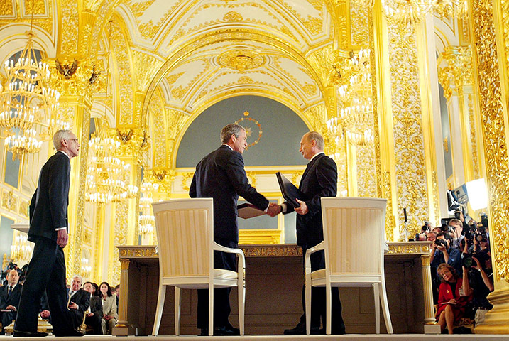 George W Bush: 24 May 2002: President Bush and President Vladimir Putin shake hands