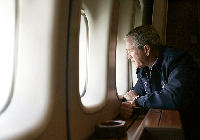 George W Bush: 31 August 2005: US President George W Bush looks out of Air Force One