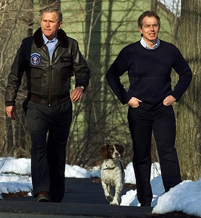 George W Bush: 23 February 2001: President Bush walks with Tony Blair and Bush's dog Spot