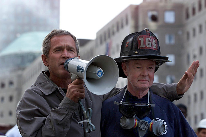 George W Bush: 14 September 2001: George W Bush at the site of the World Trade Centre