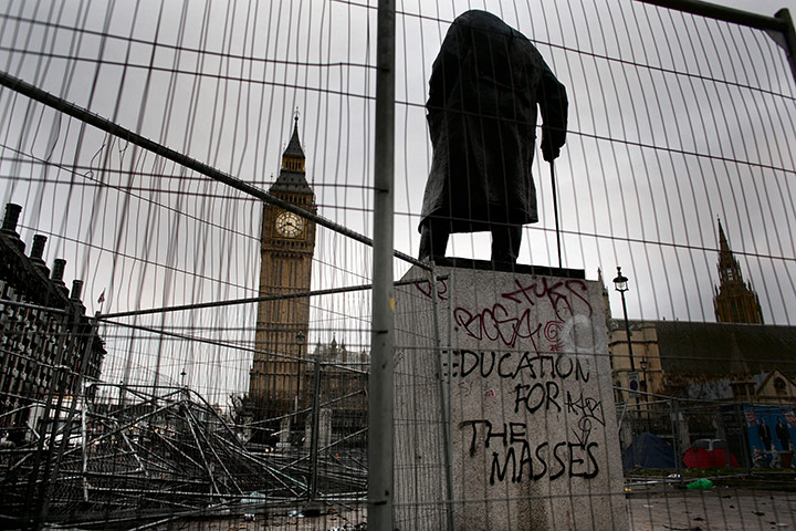 Student Protest Aftermath: Churchill statue with grafitti