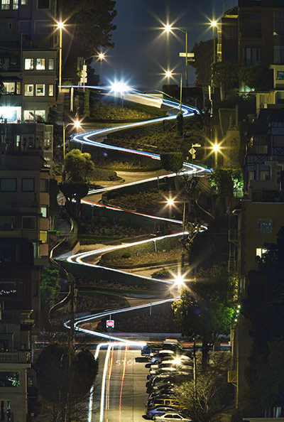 California Classics: Light trails down Lombard Street at night