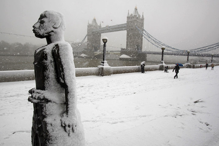 Snow: Sokari Douglas Camp's, The First Man, stands covered in snow