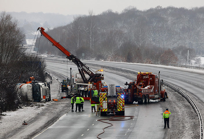 Cold weather continues: The M25 near Brasted, after a tanker carrying liquid petroleum gas crashed