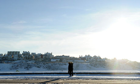 A snow-covered path in New Brighton near Liverpool