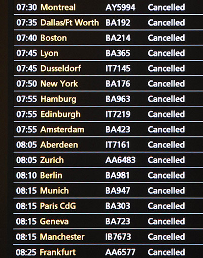 Travel Chaos: A flight information screen shows cancelled arrivals at Heathrow Airport