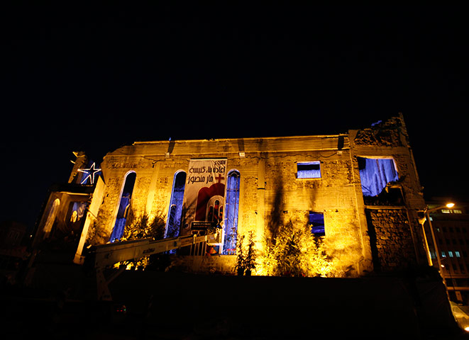 Christian in Middle East: The Mar Mansour Church is decorated with lighting in downtown Beirut