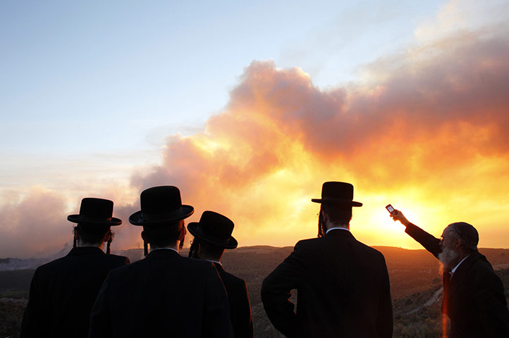 Israel Forest Fires: Ultra-Orthodox Jewish men look at a forest fire broke out near Beit Oren