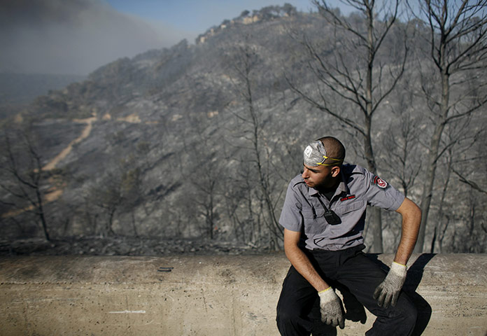 Israel Forest Fires: An exhausted Israeli firefighter destruction caused by a forest fire