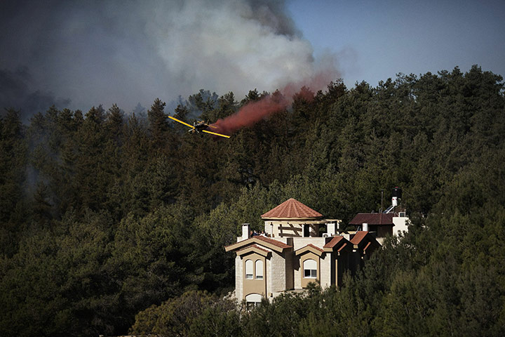 Israel forest fire: A plane sprays the retardant chemical used to quell raging flames
