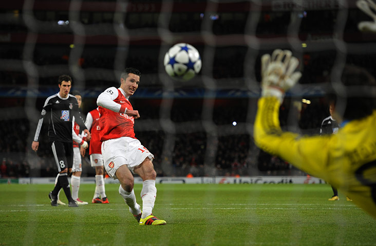 Arsenal v Partizan: Robin Van Persie opens the scoring against Partizan Belgrade from the spot 