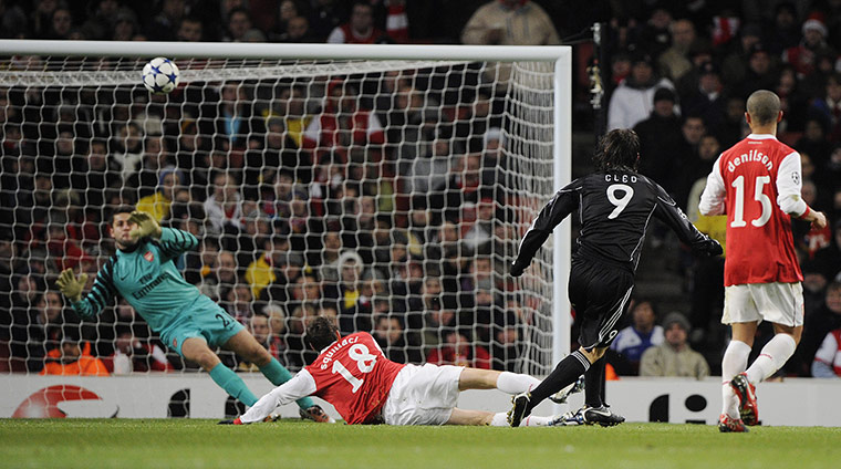 Arsenal Champions League: Cleo's shot deflects off of Squillaci and into the net