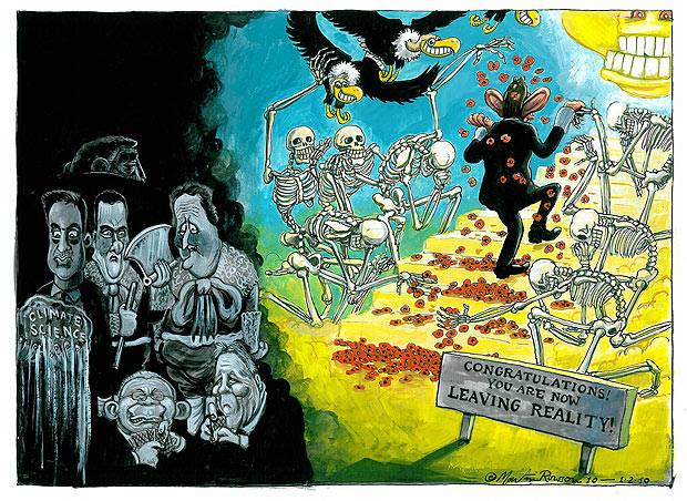 Martin Rowson cartoon: Congratulations! You Are Now Leaving Reality!