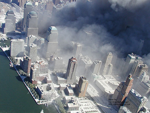 World trade centre: Smoke billows from the area around the World Trade Centre in New York
