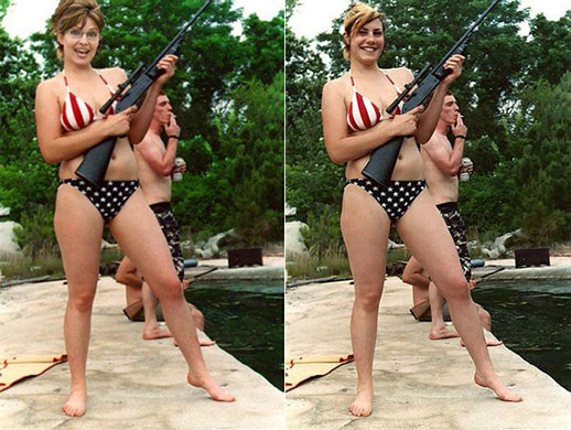 Photoshop at 20: Sarah Palin photomontage showing her in a bikini with a rifle photoshop