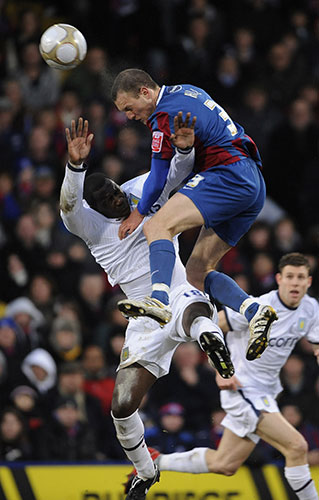 Football: Palace v Villa: Clint Hill gets above Emile Heskey