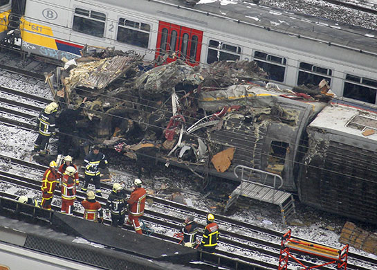Train crash in Belgium: Aerial view of the scene where two trains crashed head-on in Buizingen
