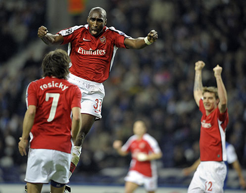 Wed Champions League: Sol Campbell celebrates scoring for Arsenal
