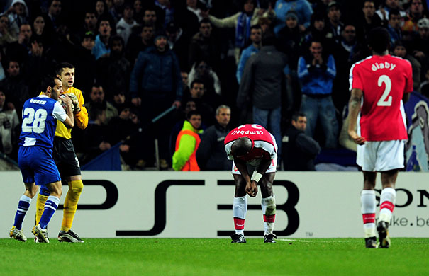 Wed Champions League: Sol Campbell looks on after giving away an indirect free kick