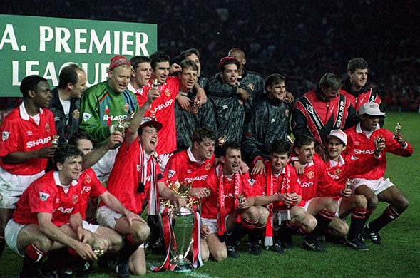 Old Trafford History: Man United players celebrate the club's first title victory in 26 years