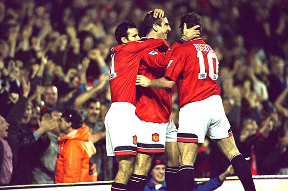 Old Trafford History: Ryan Giggs, Eric Cantona & Mark Hughes during their 5-1 win over City