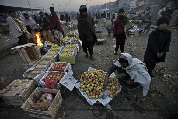 24 hours in pictures: Rawalpindi, Pakistan: A man arranges apples for sale