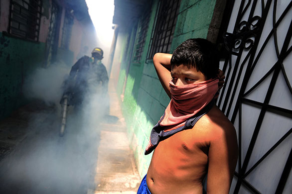 24 hours in pictures: San Salvador, El Salvador: A child protects himself outside his house
