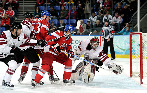 winter olympics day 12: Tomas Rolinek scores the opening goal for Czech Republic against Latvia