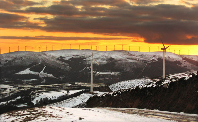 Wind Energy: Eolic park and snowy landscape, Galicia, Spain