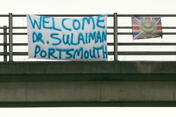 Portsmouth Administration: Banner welcoming Sulaiman al Fahim, the new owner of Portmsmouth