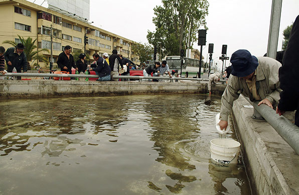 chile update: Residents draw water for daily use from a public fountain in Concepcion