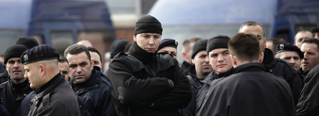 Eyewitness: Pristina, Kosovo: Police officers during a strike at a police compound