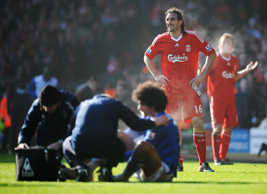 Merseyside Derby: Sotiros Kyrgiakos of Liverpool looks on following his challenge on Fellaini