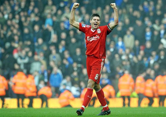 Merseyside Derby: Steven Gerrard celebrates after they beat Everton
