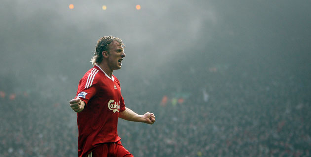 Merseyside Derby: Dirk Kuyt celebrates scoring Liverpool's goal