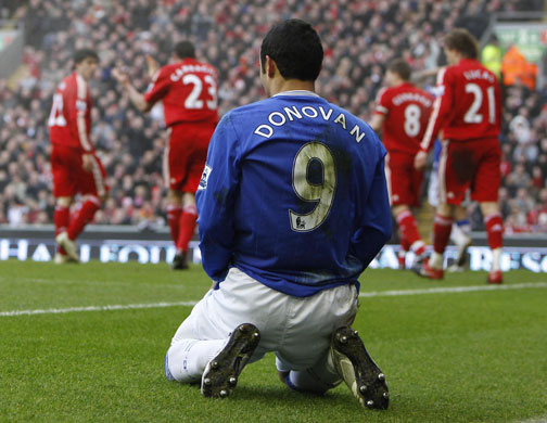 Merseyside Derby: Everton's Donovan looks disappointed against Liverpool