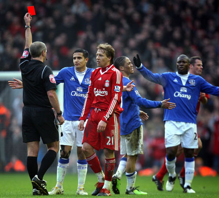 Merseyside Derby: Everton's Steven Pienaar is sent off by referee Martin Atkinson