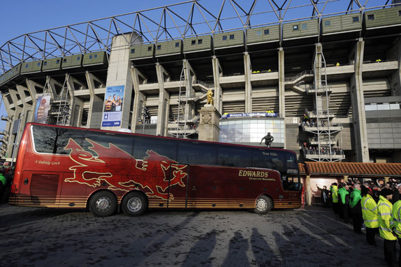 England Wales: The Welsh team bus parks up at the front gate