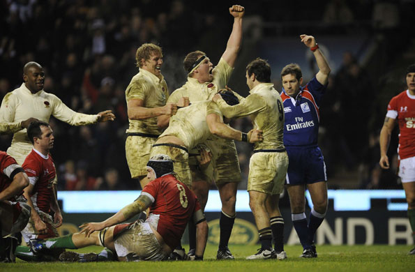 England Wales: Dylan Hartley celebrates after James Haskell scored a try