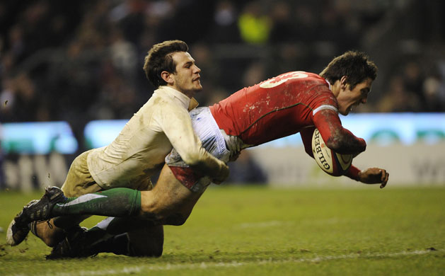 England Wales: James Hook dives over for Wales second try despite tackle from Danny Care