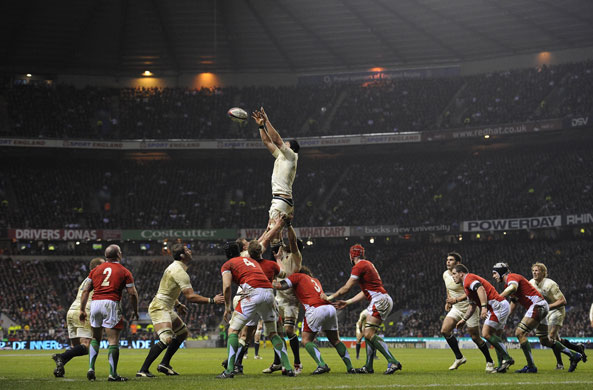England Wales: Steve Borthwick catches a line-out on the Wales line