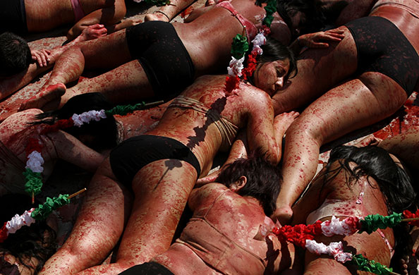 7 February 2010: Mexico City, Mexico: Animal rights activists protest against bullfighting