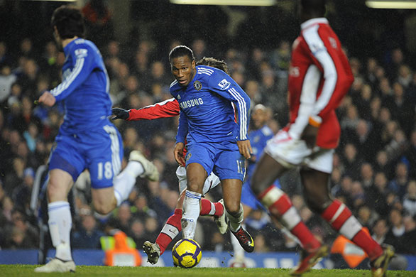 Chelsea v Arsenal: Didier Drogba on the charge