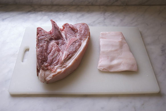 Making salami: 1. A kilo of pork shoulder and 200g of back fat