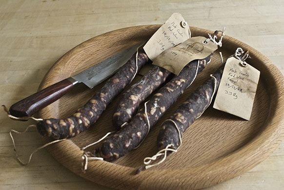 Making salami: 16. Your salamis will be ready to eat after a month of hanging