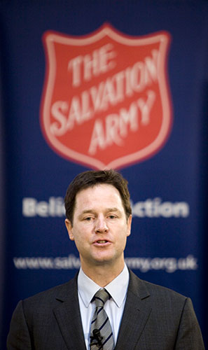 Election by Martin Argles: Liberal Democrat leader Nick Clegg speaks at Salvation Army headquarters