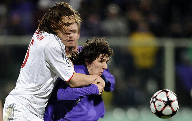 Tuesday: Fiorentina's Steven Jovetic tussles with Bayern's Daniel van Buyten
