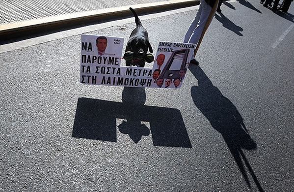 more strikes in greece: A dog carries a placard with an anti-capitalist message in Athens