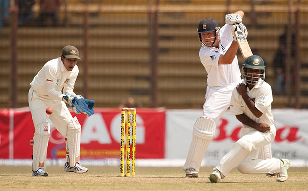 Bangladesh v England Day1: Jonathan Trott plays a shot on his way to scoring 38 before being caught